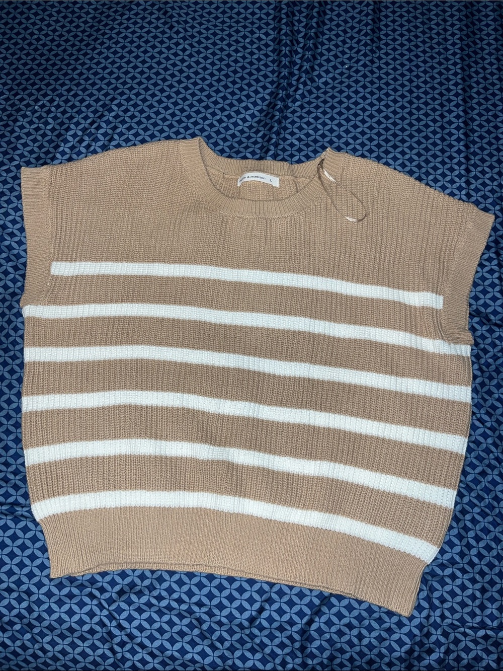 moon & madison Beige and White Striped Knit Sweater Vest